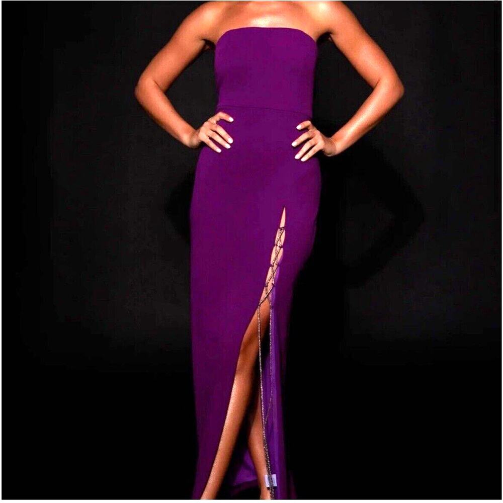 Meshki Gown Size M Grape Diamante Rope Strapless Slit Leg Evening Formal Dress